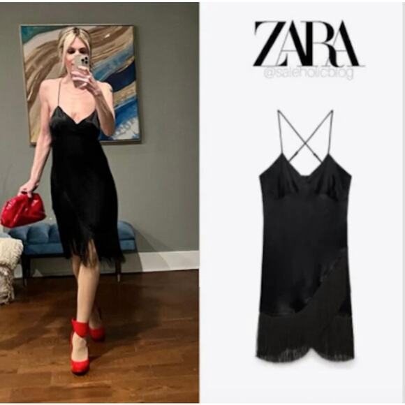 ZARA FRINGED SLIP DRESS BLACK - Picture 3 of 14